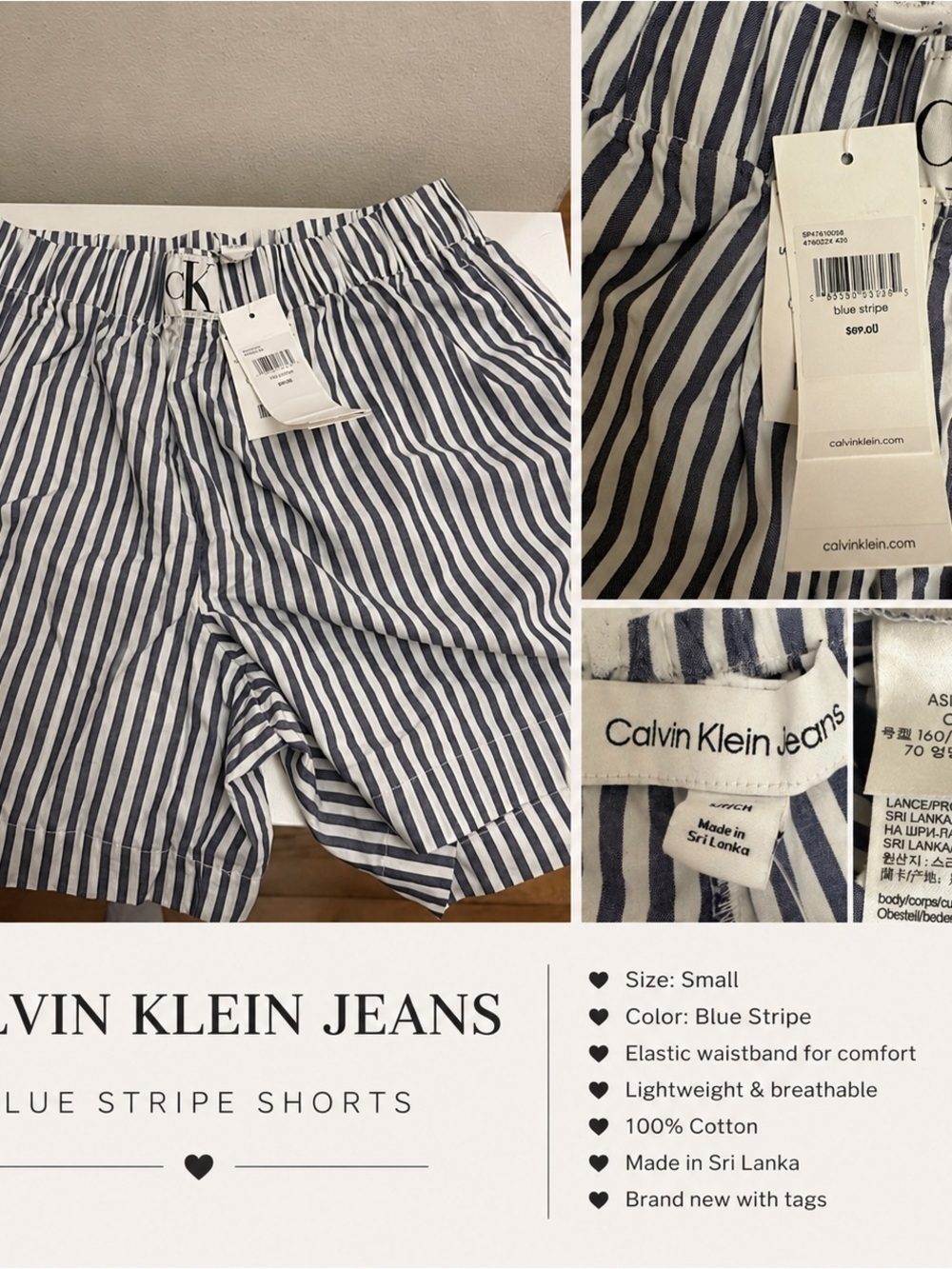 Calvin Klein Blue and White Striped Men’s Cotton Shorts